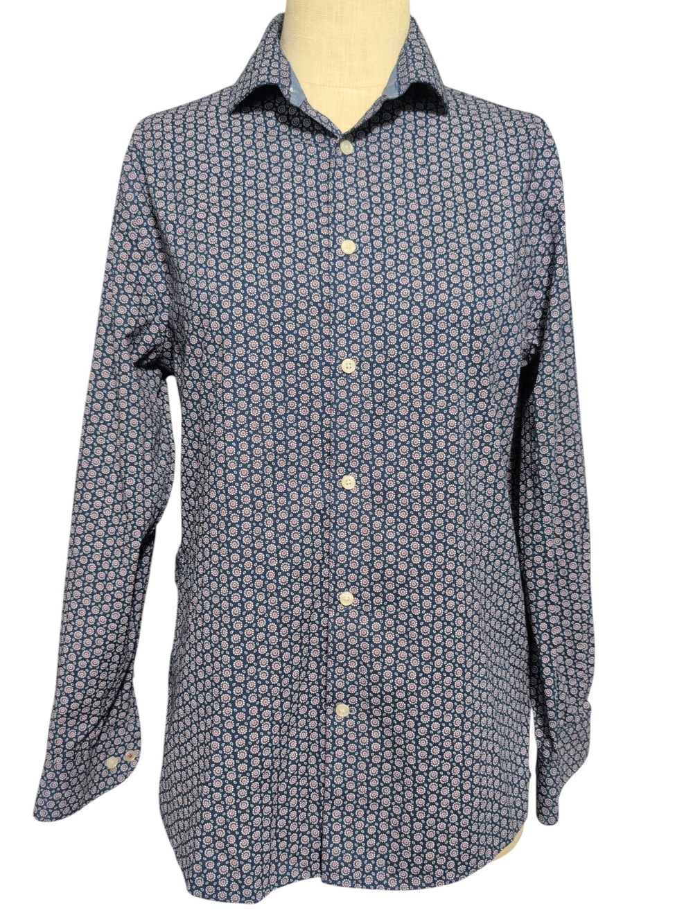 Tommy Hilfiger Blue Printed Long-Sleeve Dress Shirt Thflex Slim Fit Stretch Med